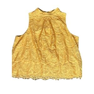 Mustard Lace Sleeveless Top High Neck Fringe Hem Boho Chic Xl